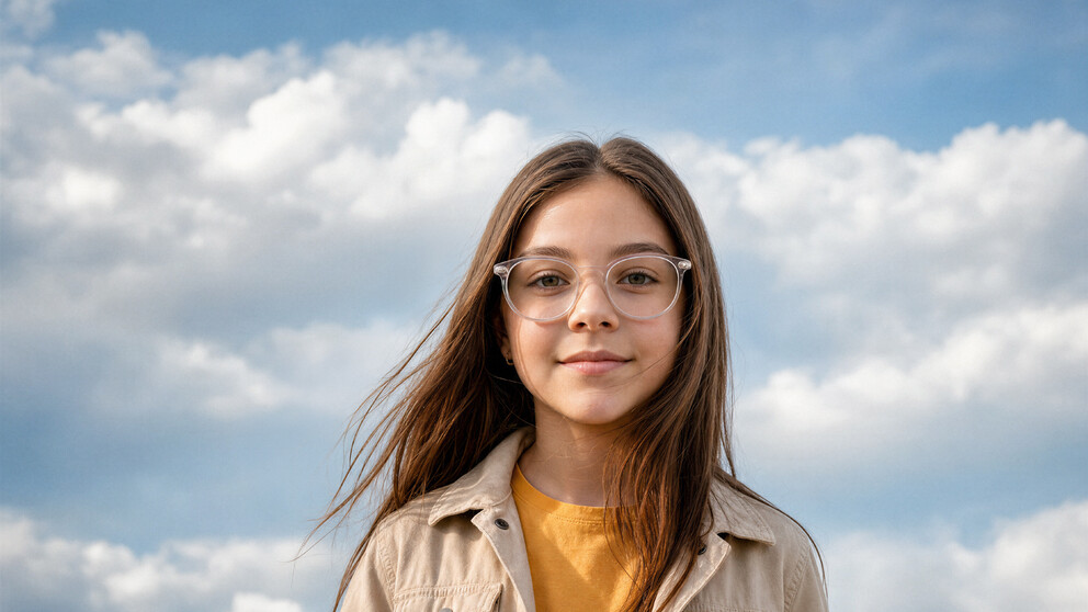 Girl wearing glasses outdoors against a blue sky, representing HOYA MiyoSmart myopia control lenses