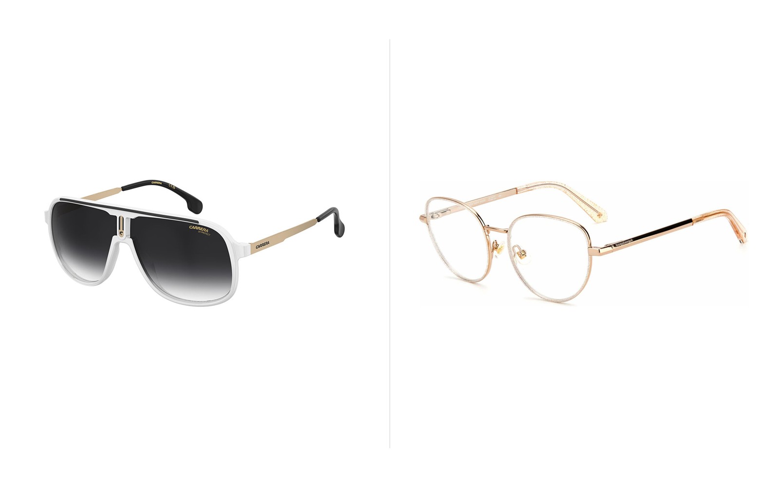 Two designer eyeglass frames, Carrera and Kate Spade, displayed side by side on a white background