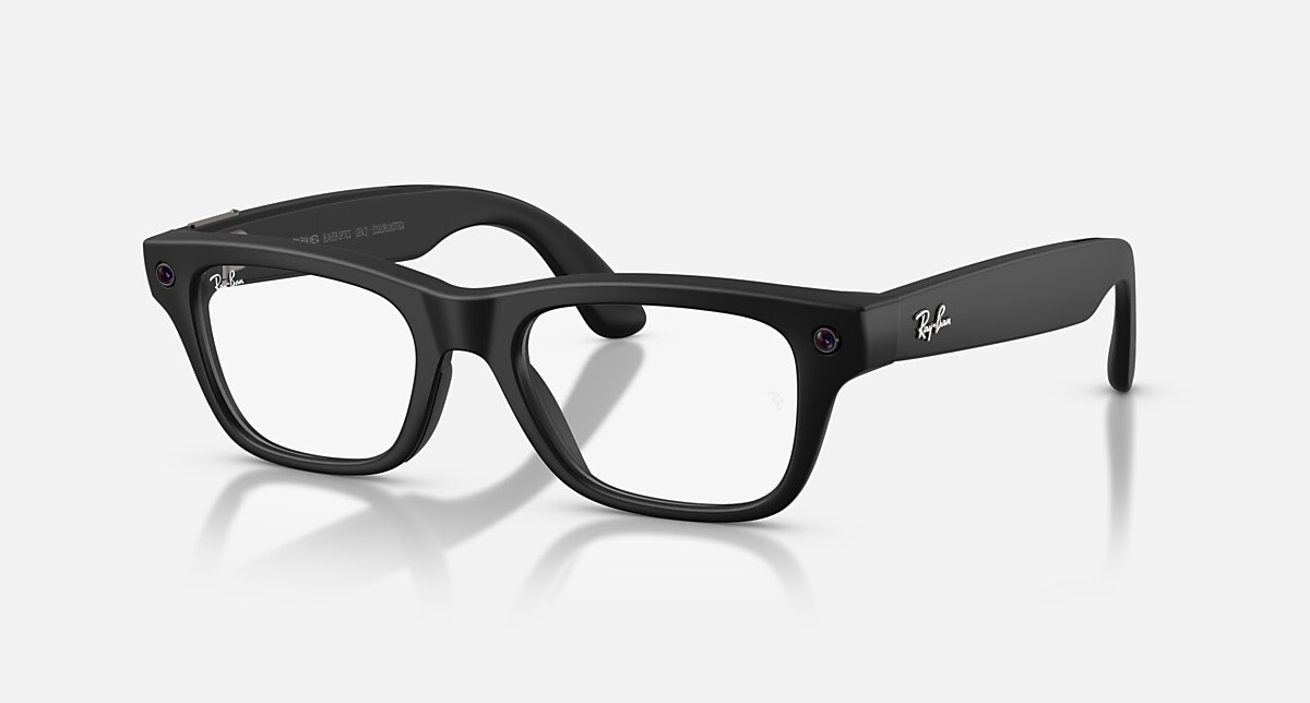 Ray-Ban Meta Blayzer Optics Gen 2 AI glasses in matte black with a slim rectangular frame, showing the built-in camera lens